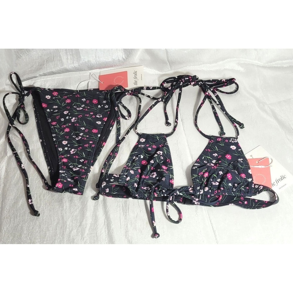 The Frolic Swimwear Women's Bikini Top & Bottom - Black Floral - USA Size 2